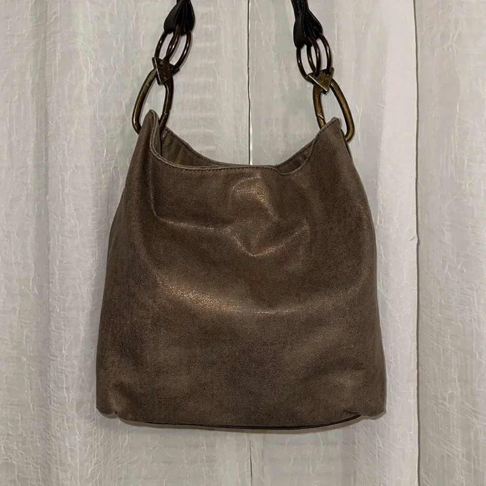 Braciano Metallic Canvas Tan Brown Leather Combo Hobo Shoulder Bag Purse